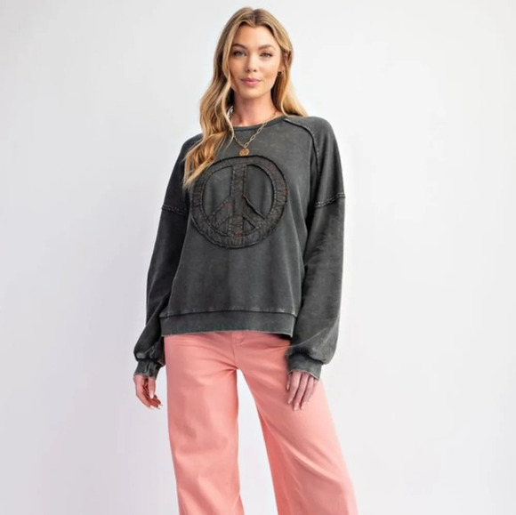 New Easel Black Peace Sign Symbol Washed Terry Pullover Sweatshirt - Picture 2 of 2